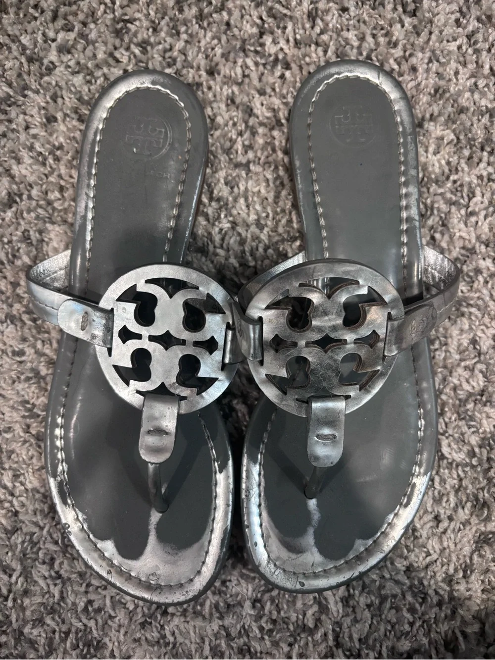 Tory Burch Silver Metallic Logo Thong Sandals